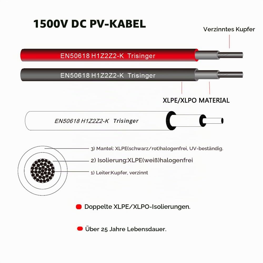 6mm² Solarkabel Verlängerung 2×15m, Solarmodule Solar Verlängerungskabel 6mm2 15m, Solarpanel Solar Kabel mit IP68 Wasserdicht 1500V Solarstecker für Solaranlage Photovoltaik System