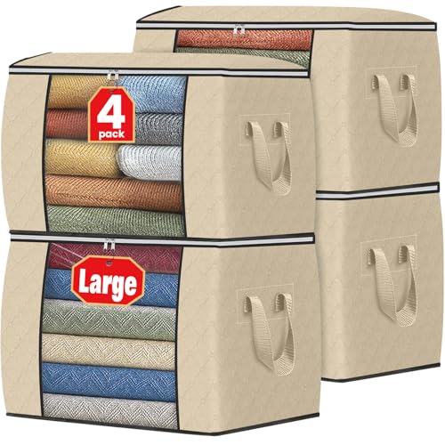 Image of Fab totes 24 Gallons Clothes Storage, Foldable Thick Fabric Blanket Storage Bags, Containers for Organizing Bedroom, Closet, Clothing, Comforter, Organization with Handle (4 Pack,Beige)