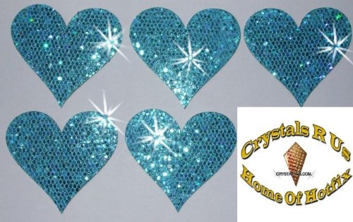 Blue 10 Fabric Sequin 40mm Hearts Iron-On