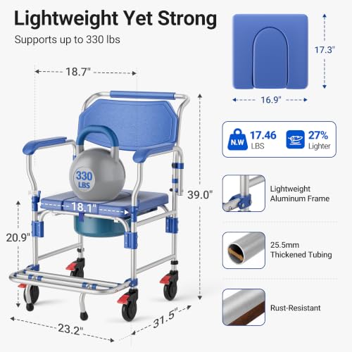 Image of 4-in-1 Bedside Commode Wheelchair with Drop Arms & Lockable Casters