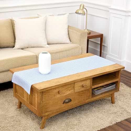 Solino Home Linen Table Runner 48 Inches - Amalfi Stripe 100% Pure Linen Sky Blue and White Table Runner 14 x 48 Inch Ideal for Dresser and Coffee Tables - Spring, Summer, Mothers Day
