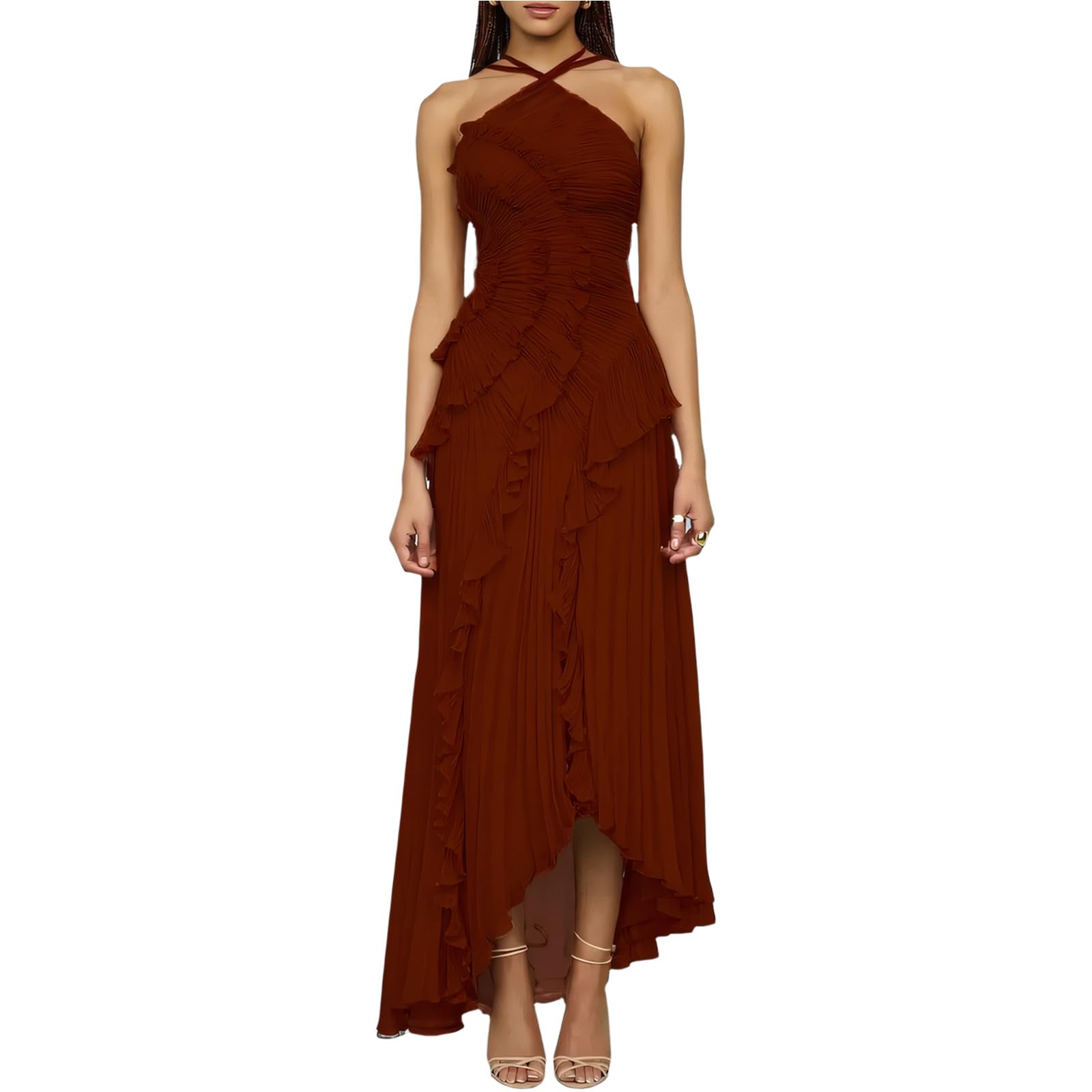 Robe longue plissée à bords lotus pour femme, dos nu, asymétrique à volants, robe de bal formelle, robe de bal de fin d'année, robe formelle pour invitée de mariage