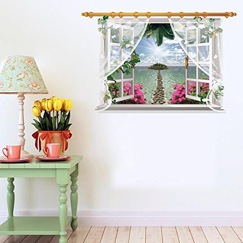 3D Window View Scenery Wall Sticker Mural Art Decal for Home Decor Ocean Beach View with Curtain, Sea Beach Stone Path - Image 5