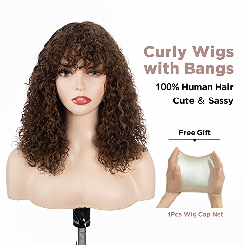 Short Curly Human-Hair Wigs with Bangs 14 Inch Jerry Curl Bob Wigs Human Hair Brazilian Virgin Human Hair None Lace Front Wigs for Black Women Machine Made Black Wigs - Image 3