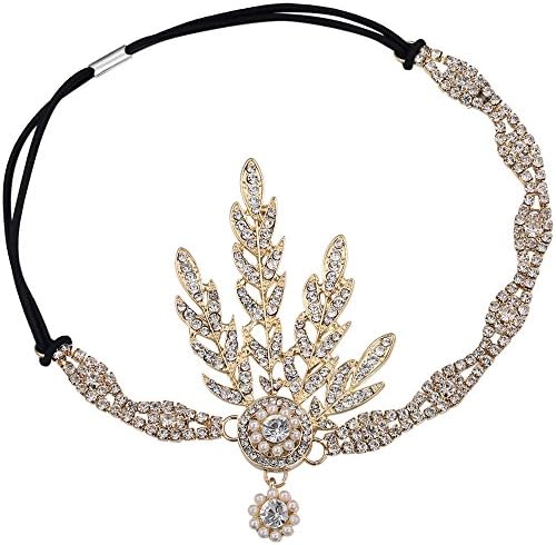 BABEYOND Art Deco 1920's Flapper Great Gatsby Inspired Leaf Medallion Pearl Headpiece Headband Gold