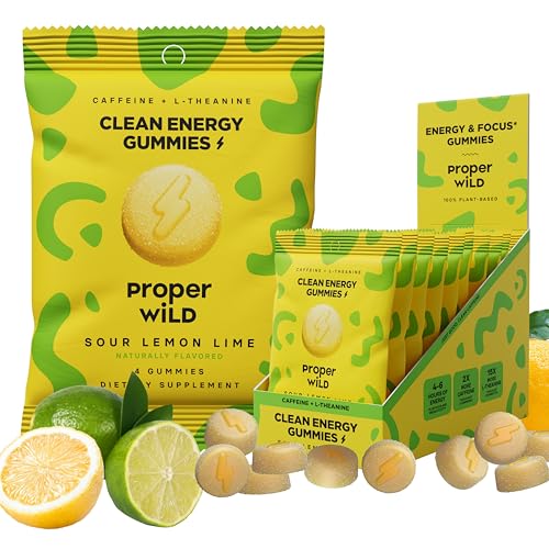 Proper Wild Energy Chews & Gummies for Focus & Clean Energy Vegan with L-Theanine & Organic Caffeine Plant-Based Gluten-Free Non-GMO Sour Lemon Lime (10-Pack)