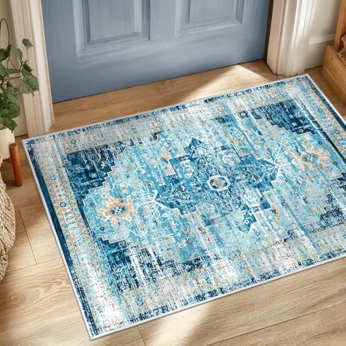 ANSSO 2×3 Washable Area Rugs, Foldable Faux Wool Low Pile Boho Vintage Entryway Rug with Non Slip Backing for Doormat, Indoor Front Entrance Kitchen, Bathroom, Aqua