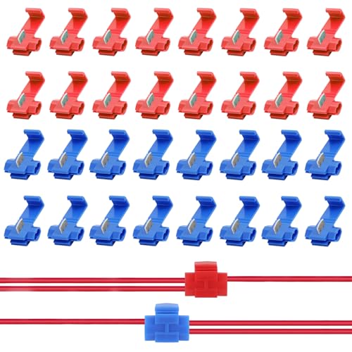 50 PCS Quick Splice Electrical Wire Connectors Set T-Tap Cable Splic for 14-22 AWG Wires Branch Connector for Motorcycle Automotive and Home Wiring Projects Red Blue(0.5-2.5 mm)