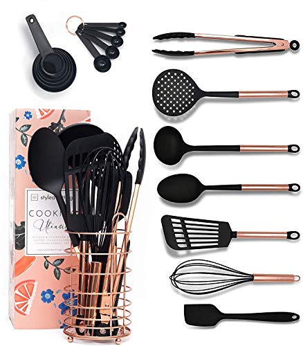 Black and Copper Kitchen Utensils w Copper Utensil Holder -18PC Black and Copper Cooking Utensils Set Includes Black Measuring Cups Spoons -Copper Kitchen Accessories Rose Gold Kitchen Accessories