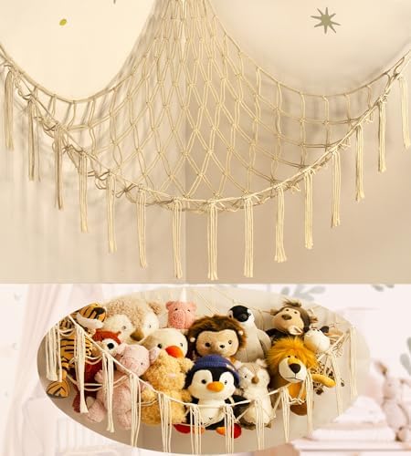 Stuffed Animal Storage Hammock or Net – Toy Hammock Net for Stuffed Animals Corner – Hanging Stuff Animal Organizer Holder Ideas for Plush Plushie – Large Size Baby Nursery Wall Bedroom Room Decor
