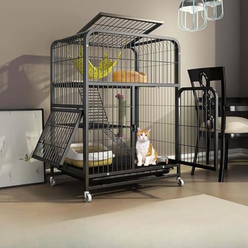 Tufduzo キャットケージ 猫 ケージ 家庭用 室内 大型 動物用ケージ 【ハンモック+トレイ+登り梯子+ストラップ付き。 大型 猫 ケージ キャットハウス 猫小屋 猫 小型 家庭用 ワンピース占有 キャスター付き 移動簡単 組立簡単 室内 飼育 快適