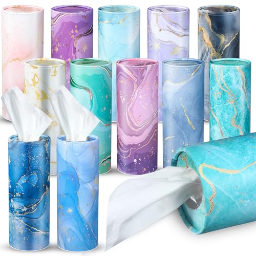 Faccito 12 Pcs Car Tissue Holder Box 3 Ply Car Tissues Container Round Tissue Box Cylinder Tissues Cup Holder Travel Tissue Holder Tissue Tubes for Cup Holders, 600 Tissues Total(Marble Style)