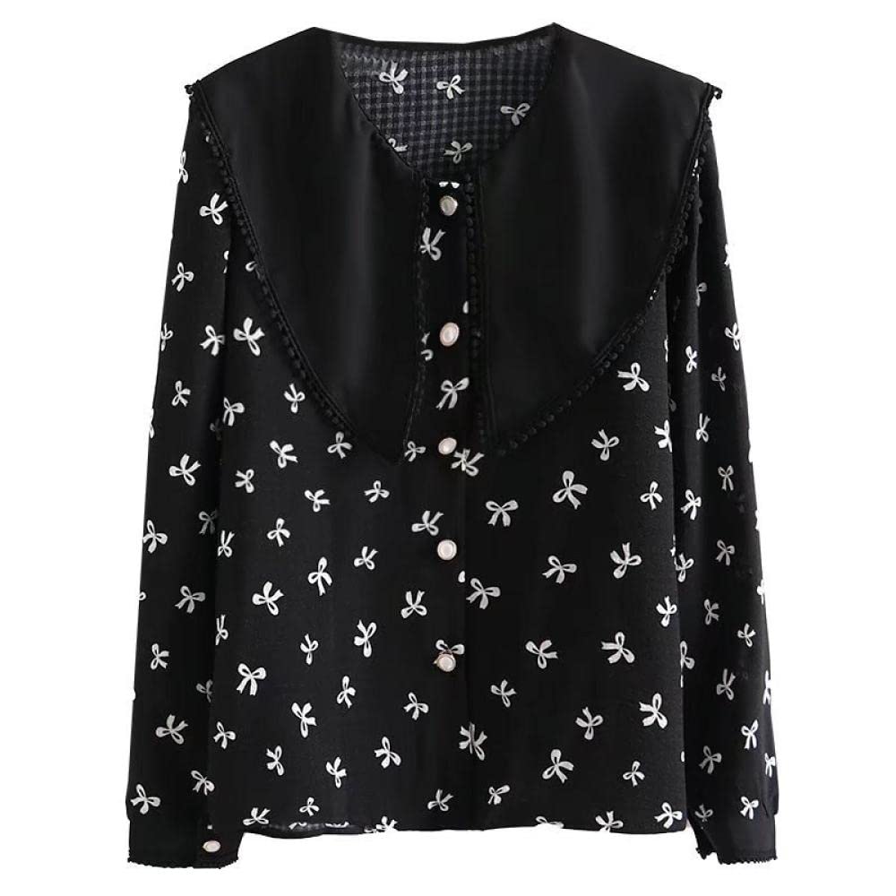 Camice Donna,Donna Nero Poliestere Cropped Girocollo Collo Della Bambola Bottone Fiocco Stampa Dolce Manica Lunga Primavera Estate Camicette Elegante Tunica Casual Alla Moda Top Camicia Allentata
