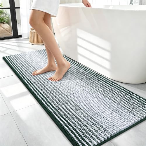 Image of OLANLY Bathroom Runner Rugs 47x17, Extra Soft Absorbent Chenille Striped Bath Rugs, Rubber Backing, Machine Wash Dry, Long Bath Mats for Bathroom, Tub, Shower, Home Decor Accessories, Blackish Green