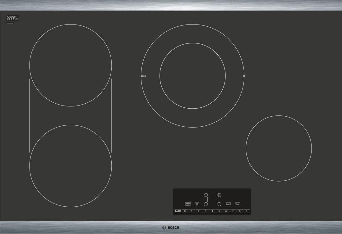 Bosch 800 Series 30" Touch Control Electric Cooktop, NET8068SUC, Black with Stainless Steel Frame