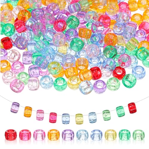 Tyqour 200 cuentas Pony Beads coloridas para enhebrar, agujero grande, 6 x 9 mm, perlas para pulseras de trenzas, perlas de plástico para joyas, cadenas, trenzas, llaveros, manualidades