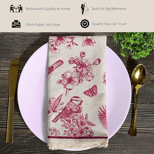 Image of FINGERCRAFT Printed Cloth Napkins Cotton Linen Blend Fabric Set of 12 with Classic Lace 20x20 Inch Dinner Napkin Durable and Good Absorbency for Home, Hotels, Parties (Toile Red)