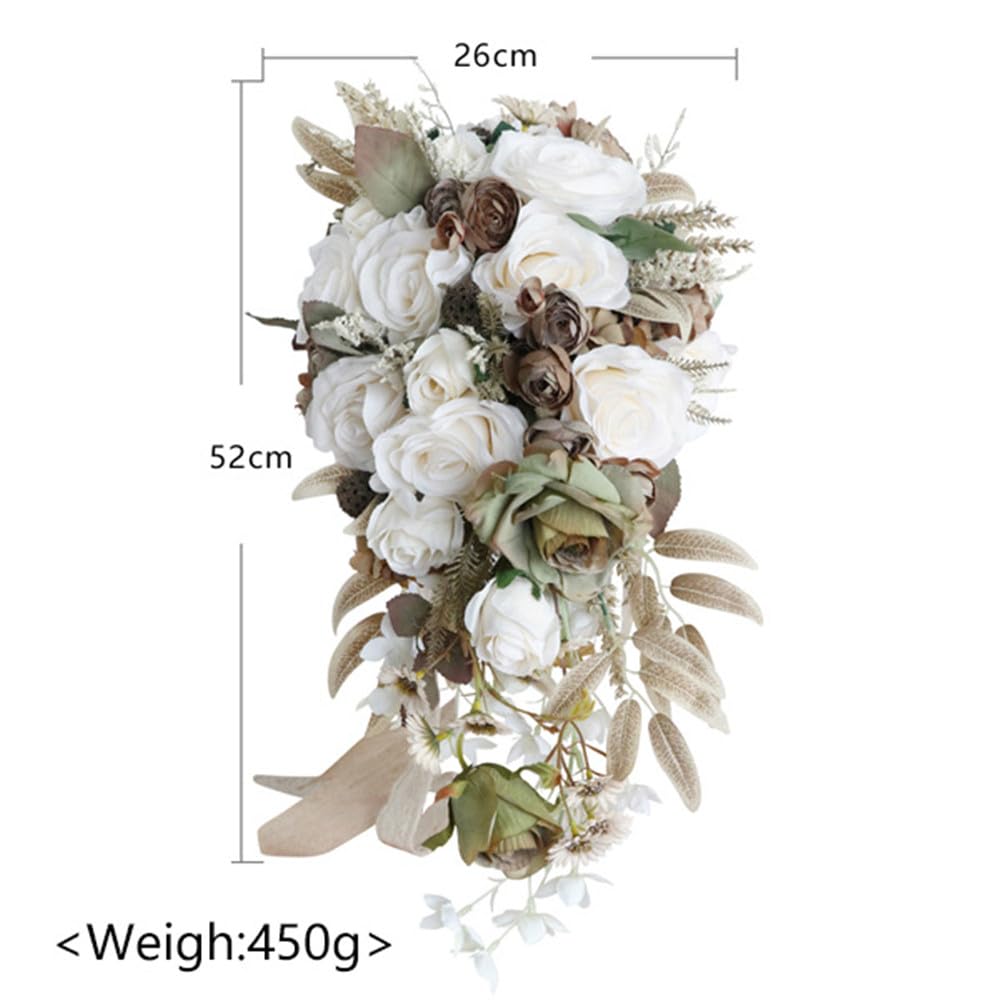 Hochzeit Wasser Tropfen Bouquet für Braut, Braut Wasserfall künstliche Sträuße für Zeremonie Jahrestag Partei Braut Dusche Hochzeit Blumen (Cremeweiß Khaki)