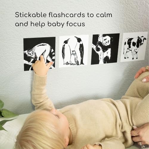 Image of Restickable High Contrast Black & White Baby Stickers for Newborns, 18 Removable Vinyl Flashcards for Tummy Time and Nursery, Animals and Shapes