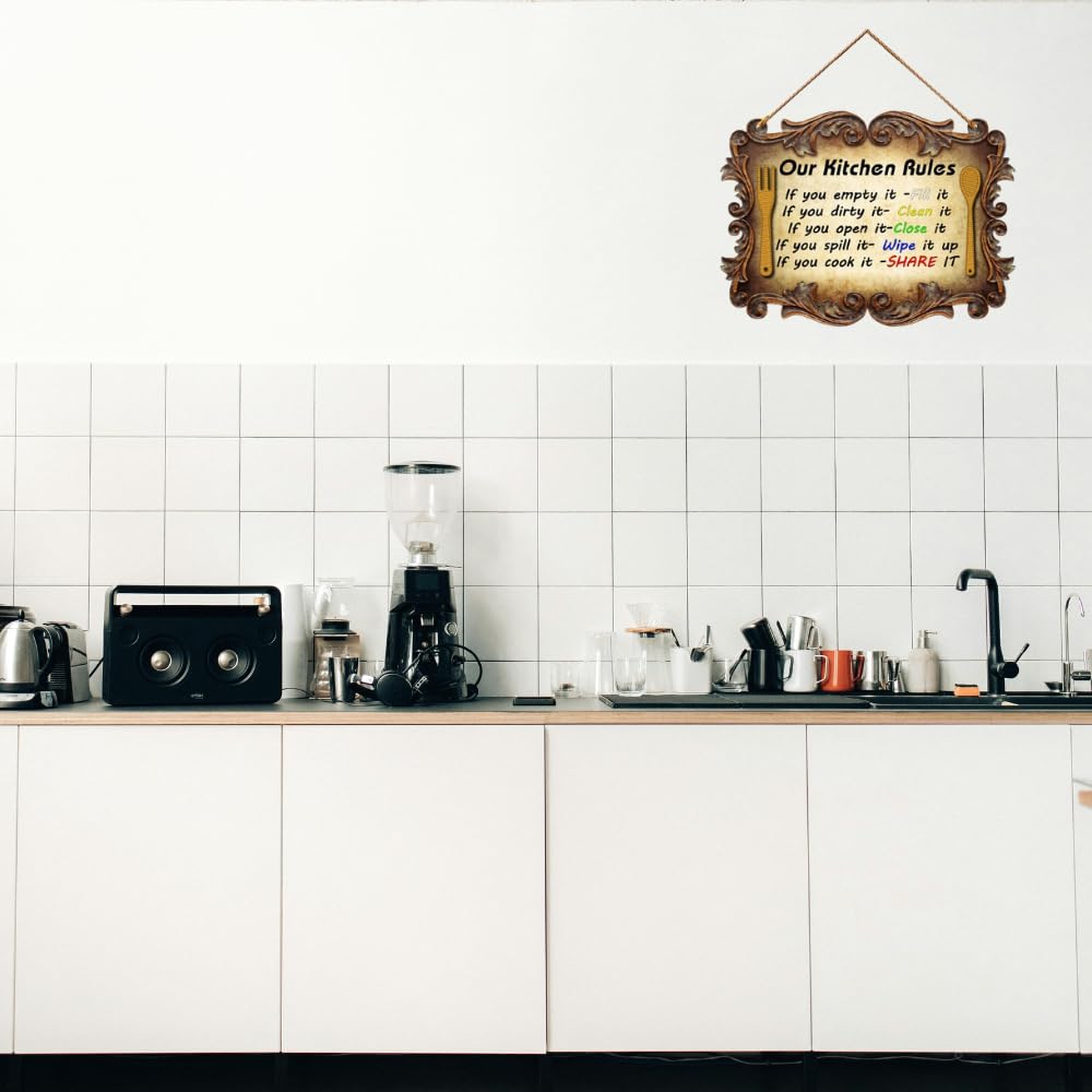 PNF Poster And Frames OUR KITCHEN RULES Quote Wall art & Door Hanging Frame For Kitchen, Dining, restaurants Decor | Walland home Decor for Living Room | Room Decor Wall Decor Items For Bedroom | (Wooden, 11x9 Inch,brown)1-1 2