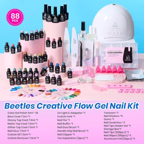 Image of Beetles Deal Box Gel Nail Polish Kit with U V Light - 35 Colors Gel Polish Almond Nail Tips Creative Flow 88 Pcs Nails Kit with TPO&HEMA Free Base Matte /Glossy /Glitter Top Coat DIY Gifts