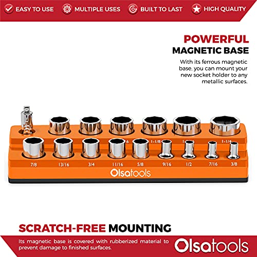 Image of Olsa Tools Magnetic Socket Organizer - 1 /2-Inch Drive SAE Socket Holder with Strong Magnets - Professional Tool Holder and Tool Organizer - Stores up to 16 Sockets - Orange - Part: 1289