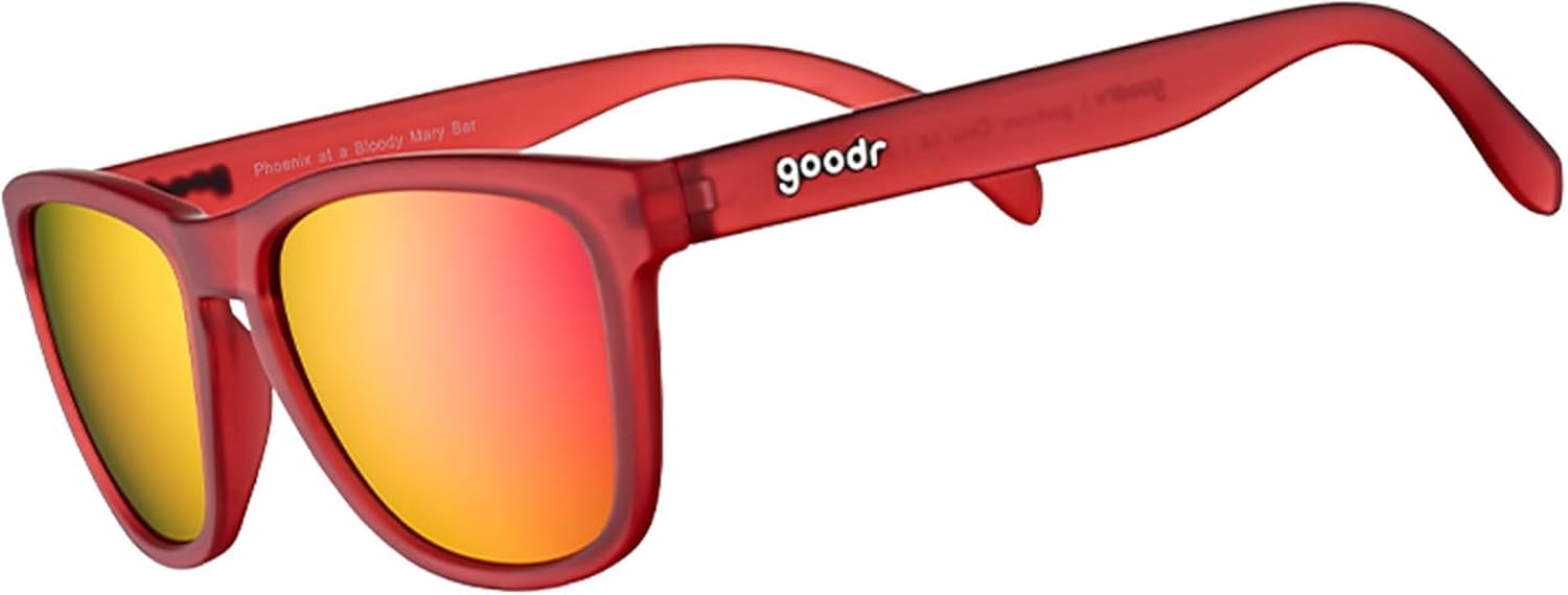 goodr Phoenix At A Bloody Mary Bar Polarized Sunglasses, Medium Sized (OG), Dark Red Translucent Frames with Rose Mirrored Reflective Lens, UV400 Protection, No Slip, No Bounce
