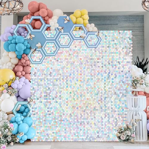 Image of Shimmer Wall Backdrop Rainbow Silver - 3ftx4ft Sequin Photo Backdrop Panels for Wedding Birthday Baby Shower Photo Booth Prom Party Decorations