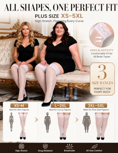 Image of ohyeah Women Fishnet Plus Size Thigh High Stockings XS-5XL Silicone Stay Up Lingerie Lace Top Pantyhose Hosiery