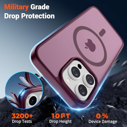 Image of SUPFINE Magnetic for iPhone 15 Pro Case (Compatible with MagSafe) (Military Grade Drop Protection) Translucent Matte Shockproof Phone Case, Wine Red