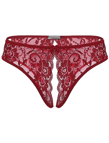 Avidlove Calcinha feminina de renda sexy, calcinha de renda floral com laço central fofo, Vermelho c