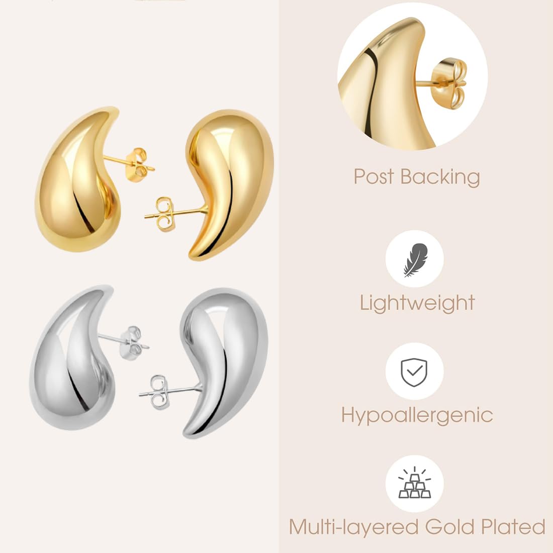 ZKGYUS 2 Coppie Orecchini Dupes Chunky da Donna Anallergici Gioielli Regalo Mamma Ragazza（Oro, Argento）