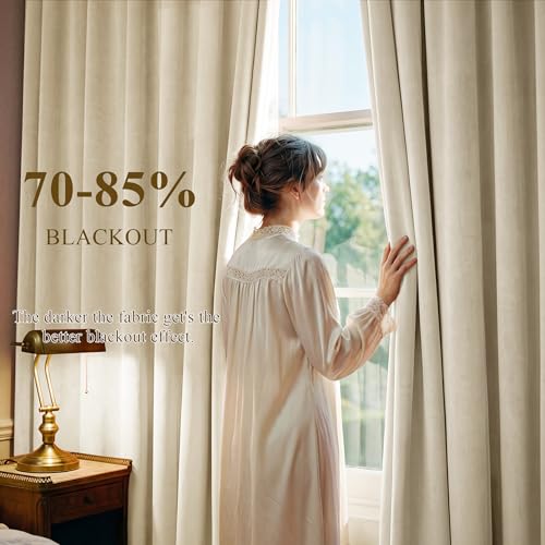 Image of Beige Velvet Drapes Back Tab Privacy for Bedroom, W52 x L100, 2 Pcs | Privacy Window Covering, 300GSM Heavy Velvet, Light Filtering, Rustic, Living Dining Room, Office, Kids Nursery, Kitchen