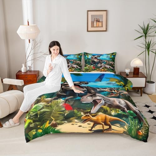 Image of Feelyou Dinosaur Dino Jungle Comforter Set King Size Boys Girls Bedding | Children Wild Animal All Season Breathable Soft Duvet Set Quilt Set Room Decor Microfiber 3Pcs Warm Cozy Lightweight