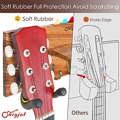Guitar Holder Wall Mount with Double Rotatable Rubber Hook, Solid Wood Guitar Hanger with Shelf and Pick Holder, Guitar Hanging Rack for Acoustic Electric Guitar, Bass, Banjo, Guitar Accessories
