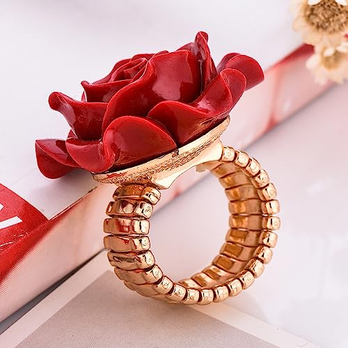 Kokoma Red Rose Flower Statement Ring For Women Girls Big Floral Elastic Ring Engagement Promise Ring Wedding Band Elegant Jewelry For Mothers Day thumb #3