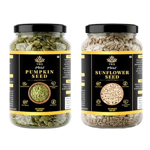 VRIJ Seeds Combo Pack of Pumpkin Seeds 1kg (500g x 2 Net Wt.) and Sunflower Seeds 1kg (500g x 2 Net Wt.) | Pure & Natural Raw Seed with High Protein & Fiber | Vegan & Gluten Free Healthy Snack Seeds Mix | 2kg Pack