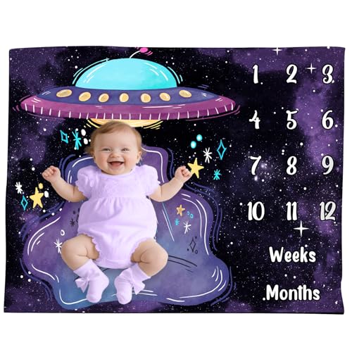 Image of UFO Baby Monthly Milestone Blanket Spaceship, Purple Galaxy, 48x40in | Soft Flannel, Alien Spaceships, Newborn Mom Gifts, Baby Shower Age Growth Tracker with Bonus Maker, Photography Props