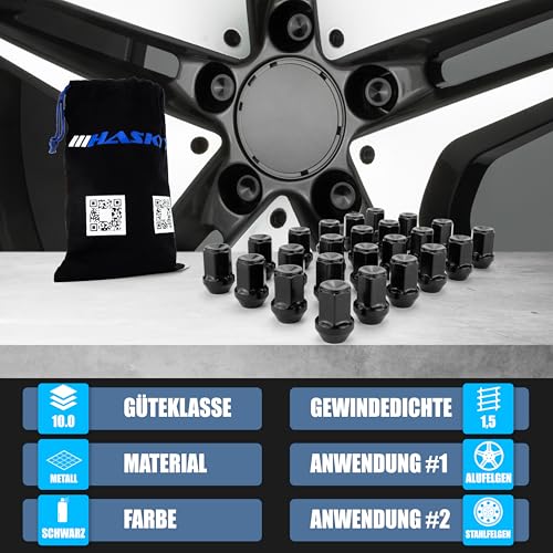 20x Radmuttern SCHWARZ M14 x 1,5 x 34 I Kegel für Alufelgen I Durchmesser D=24mm I SW 19mm