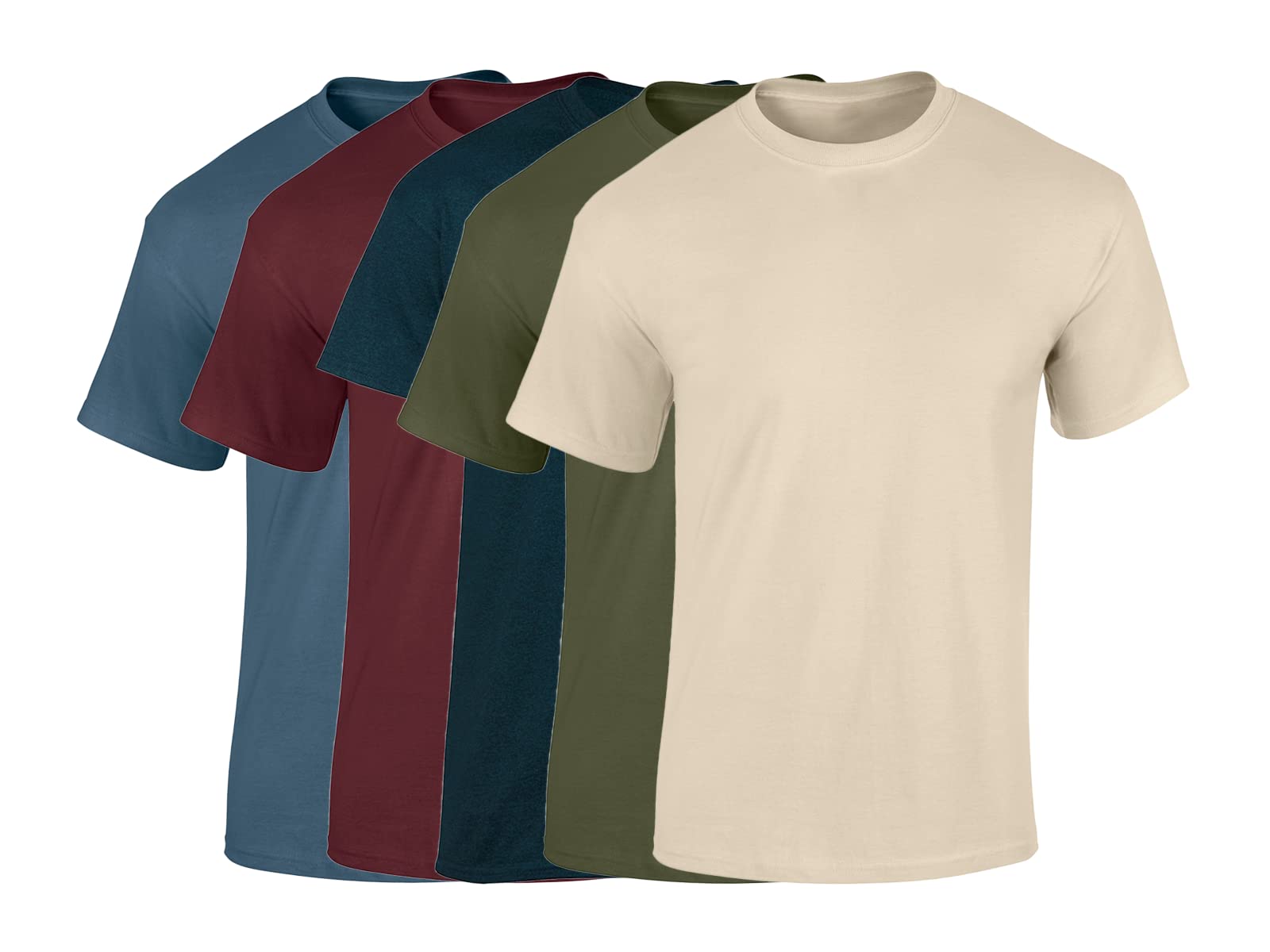 COOZO Mens Heavy Cotton Pack of 5 T-Shirts - Indigo Blue/Maroon/Military Green/Midnight/Sand - 2XL