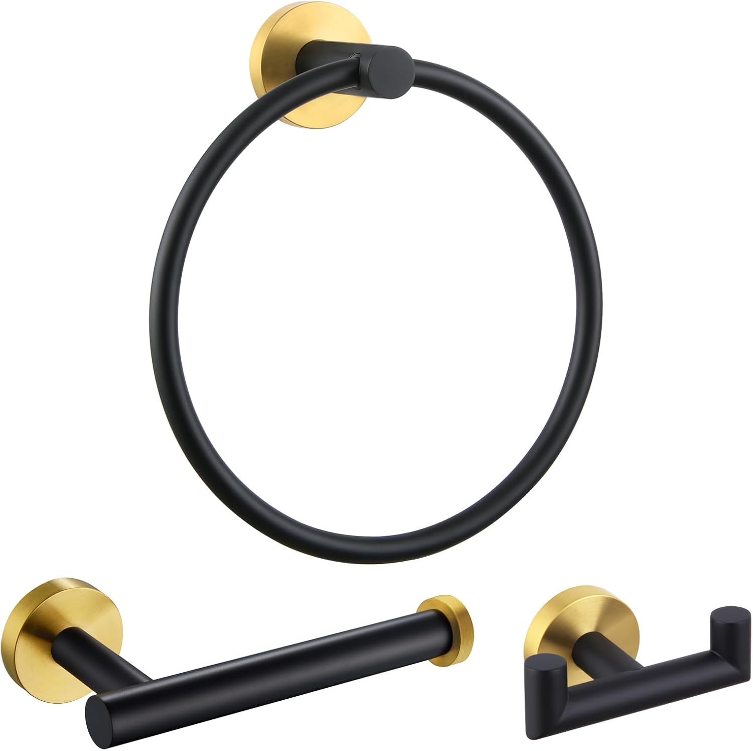 Angle Simple Round Double Towel Hook Bundle with Toilet Paper Holder, Round Towel Ring (Black & Gold)