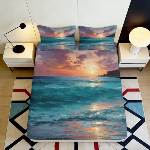 Drap housse microfibre 3D coucher de soleil océan 90x200x25cm - 2