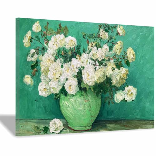 Toile roses blanches dans un vase vert : tableau moderne pour la décoration murale de salle de bain