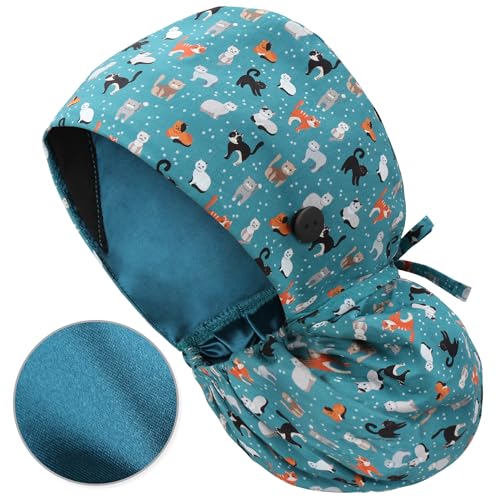 Image of QBA Adjustable Working Cap with Button, Satin-Lined Hat, Cotton Working Hat Sweatband, Elastic Tie Back Hats Unisex