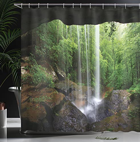 ABAKUHAUS Natural Cave Shower Curtain, Still Waterfall in the Forest in Northern Alabama Habitat Ecosystem Scenery - Image 3