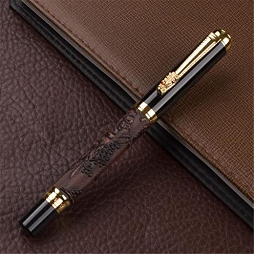 Image of 20319 Dikawen 891 Brown Grape Embossed Pattern With Golden Dragon Clip Metal Fountain Pen, Fine Nib, Include Ink Converter & Luxury Gift Box, Pen for Men & Women.
