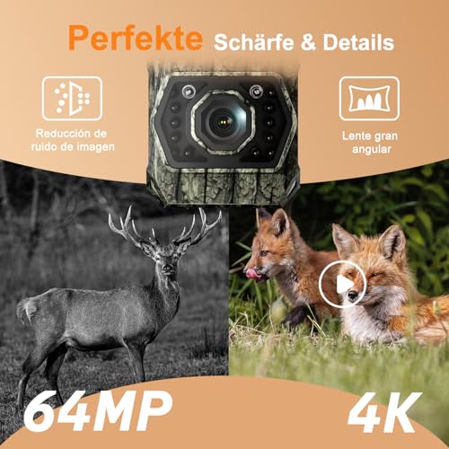 Wildkamera WLAN mit Handyübertragung App, 4K 64MPWildkamera Solar mit Akku 5200mAh Wildtierkamera mit Bewegungsmelder Nachtsicht 0,1s Auslösezeit Wildtierkamera Bluetooth Nachtsichtkamera, IP66
