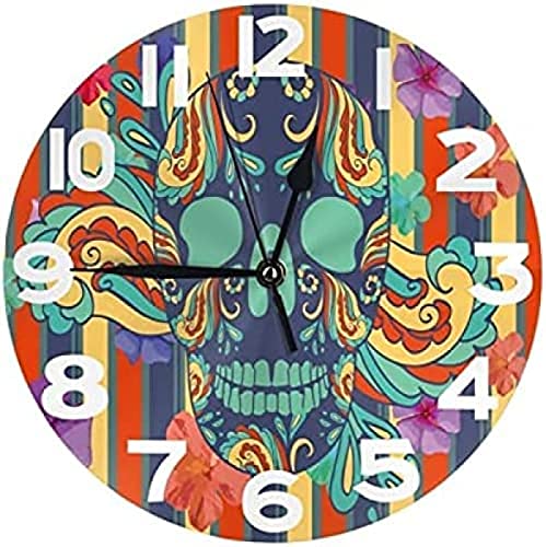 Reloj de pared redonda Calavera de azúcar colorida con flores de color naranja púrpura Rayas...