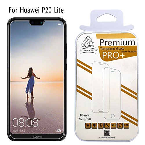 Gorilla Tech Protector de pantalla de cristal templado para Huawei P20 Lite invisible, 0,3 mm, dureza 9H, transparente, calidad HD, resistente a los golpes, tacto 3D y cara ID compatible con