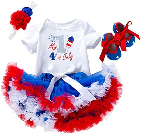 4th of July Baby Girl Outfit American Flag Romper + Ruffle Tulle Tutu Skirt + Flower Headband + Shoes Toddler 1st Birthday Unicorn Dress Independence Day Patriotic Party Clothes 4pcs Set White 0-3M